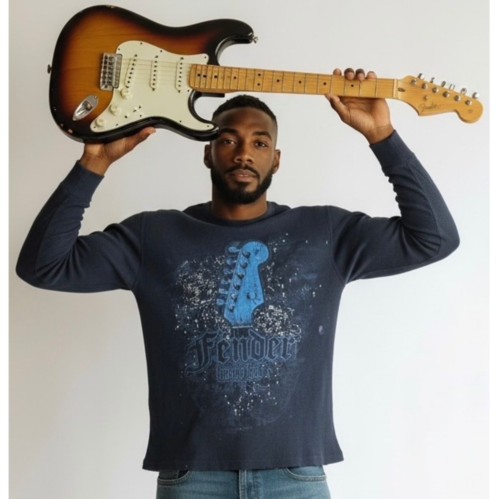 Fender Mens Long Sleeve Waffle Knit Thermal Shirt Blue Guitar Graphic Large